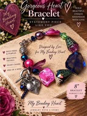 Elegant Pink and Purple Beaded Bracelet with Heart Charm 8” this is a statement.